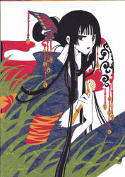 Rule 34 | 1girl, aru (photozou), black hair, border, flat color, hair ornament, hair ornament request, hime cut, ichihara yuuko, japanese clothes, kirigami, long hair, looking at viewer, looking to the side, open mouth, paper cutout (medium), papercraft, papercraft (medium), red eyes, scan, simple background, solo, solo focus, traditional media, white background, xxxholic
