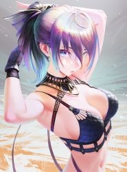 Rule 34 | 1girl, absurdres, armpits, arms up, bare shoulders, blue eyes, breasts, cleavage, gloves, gradient hair, highres, lips, looking at viewer, medium breasts, multicolored hair, nababa, navel, original, parted lips, ponytail, purple hair, simple background, single glove, solo, stomach, upper body