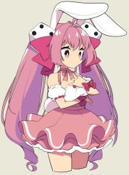 Rule 34 | 1girl, adjusting clothes, animal ears, bare shoulders, breasts, choker, cleavage, closed mouth, cropped legs, di gi charat, dice, dice hair ornament, dress, frilled dress, frills, hair ornament, hair ribbon, heart, large breasts, long hair, mzh, pink eyes, pink hair, pink neckwear, rabbit ears, ribbon, ribbon choker, simple background, solo, twintails, usada hikaru