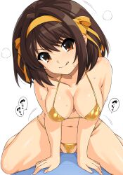 Rule 34 | 1girl, :q, bikini, breasts, brown eyes, brown hair, collarbone, commentary request, gold bikini, golden week, hair intakes, hairband, haruhisky, highres, licking lips, looking at viewer, medium breasts, medium hair, navel, partially visible vulva, simple background, solo, sound effects, stomach, straddling, suzumiya haruhi, suzumiya haruhi no yuuutsu, swimsuit, tongue, tongue out, v-shaped eyebrows, white background, yellow hairband