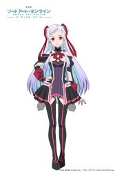 Rule 34 | 10s, 1girl, black footwear, black thighhighs, boots, braid, braided bangs, collarbone, copyright name, double bun, dress, full body, hair bun, hair ribbon, hand on own hip, highres, long hair, looking at viewer, multicolored hair, official art, pleated dress, purple hair, red eyes, red ribbon, ribbon, silver hair, simple background, smile, solo, standing, sword art online, sword art online the movie: ordinal scale, thigh boots, thighhighs, two-tone hair, very long hair, white background, yuna (sao)