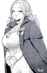 Rule 34 | braid, breasts, brooch, bug, butterfly, coat, coat on shoulders, cropped legs, dress, frills, highres, insect, jewelry, large breasts, lies of p, own hands together, ravenhart, smile, sophia monad (lies of p), standing