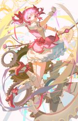 Rule 34 | 1girl, absurdres, ahoge, arrow (projectile), bow, bow (weapon), bubble skirt, chinese commentary, commentary request, dress, dress bow, floating hair, flower, footwear bow, frilled socks, frills, frown, full body, gears, gloves, glowing, glowing weapon, hair bow, high heels, highres, holding, holding arrow, holding bow (weapon), holding weapon, kaname madoka, leg up, looking back, mahou shoujo madoka magica, mahou shoujo madoka magica (anime), parted lips, pink dress, pink eyes, pink flower, pink hair, pink rose, puffy short sleeves, puffy sleeves, red bow, red footwear, rose, shoes, short hair, short sleeves, short twintails, shu bing, skirt, socks, solo, twintails, weapon, white gloves, white socks
