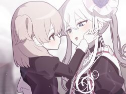 Rule 34 | 122pxsheol, 2girls, black dress, blue eyes, blush, dress, game cg, haku eckaran, hand on another&#039;s cheek, hand on another&#039;s face, hand on another&#039;s shoulder, happy saint sheol, looking at another, maya elbeth, multiple girls, non-web source, official art, open mouth, orange eyes, pink hair, ponytail, profile, scarf, sidelocks, tongue, tongue out, upper body, white hair, white scarf, yuri