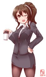 Rule 34 | 1girl, alternate costume, ashigara (kancolle), black background, brown eyes, brown hair, cowboy shot, dated, formal, hairband, highres, kanon (kurogane knights), kantai collection, logo, long hair, miniskirt, office lady, one eye closed, open mouth, pantyhose, pencil skirt, ponytail, simple background, skirt, skirt suit, smile, solo, standing, suit, tumbler, white background