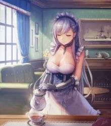 Rule 34 | 1girl, anbe yoshirou, artist name, azur lane, bare shoulders, belfast (azur lane), book, braid, breasts, buttons, candle, cat, chain, choker, cleavage, closed eyes, collarbone, commentary request, couch, cup, curtains, eyelashes, flower, french braid, gauntlets, highres, indoors, large breasts, maid, maid headdress, painting (object), portrait (object), saucer, signature, smile, table, tea, teacup, teapot, vase, watercraft, window