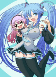 Rule 34 | &gt; &lt;, 2girls, blue eyes, blue hair, breasts, chibi, closed eyes, detached sleeves, hatsune miku, headset, kangairuhito, large breasts, long hair, megurine luka, multiple girls, necktie, open mouth, outstretched arms, panties, pink hair, skirt, spread arms, striped clothes, striped panties, thighhighs, twintails, underwear, very long hair, vocaloid