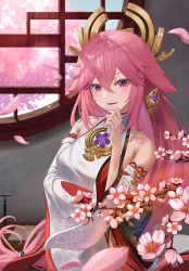 Rule 34 | 1girl, animal ears, bare shoulders, black ribbon, blush, branch, cherry blossoms, detached sleeves, earrings, eyelashes, eyeshadow, falling petals, floppy ears, floral print, flower, fox ears, genshin impact, hair between eyes, hair flaps, hakama, hand on own chin, hand up, headpiece, indoors, japanese clothes, jewelry, light particles, long hair, long sleeves, looking at viewer, low-tied long hair, makeup, mookyuu9, nontraditional miko, parted lips, petals, pink flower, pink hair, print sleeves, purple eyes, red eyeshadow, red hakama, ribbon, ribbon-trimmed clothes, ribbon trim, round window, sidelocks, smile, solo, tree, upper body, very long hair, vision (genshin impact), white sleeves, wide sleeves, window, yae miko