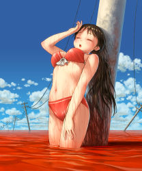 Rule 34 | 1girl, :o, arched back, arm at side, arm up, bikini, blue sky, blush, breasts, brown hair, day, closed eyes, hand on forehead, highres, horizon, liquid, long hair, low ponytail, medium breasts, navel, open mouth, original, outdoors, poripori, power lines, red bikini, sky, solo, standing, stomach, swimsuit, utility pole, wading, wet