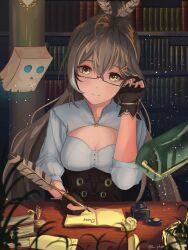 Rule 34 | 1girl, adjusting hair, bag, black-framed eyewear, black gloves, bookshelf, breasts, brown corset, brown hair, cleavage cutout, closed mouth, clothing cutout, commentary, corset, desk, feather hair ornament, feathers, friend (nanashi mumei), glasses, gloves, hair ornament, highres, holding, holding quill, hololive, hololive english, indoors, ink bottle, lamp, long hair, medium breasts, nanashi mumei, nanashi mumei (1st costume), paper, paper bag, partially fingerless gloves, phos (s phos), quill, semi-rimless eyewear, shirt, sitting, smile, symbol-only commentary, twitter username, virtual youtuber, white shirt, writing, yellow eyes