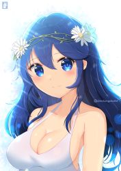 Rule 34 | alternate breast size, blue eyes, blue hair, breasts, chinchongcha, cleavage, dress, fire emblem, fire emblem heroes, flower, head wreath, highres, long hair, looking at viewer, lucina (fire emblem), lucina (valentine) (fire emblem), medium breasts, nintendo, official alternate costume, sleeveless, sleeveless dress, solo, symbol in eye, valentine, white dress, white flower