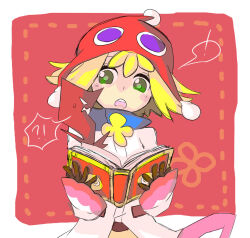Rule 34 | !, !?, 1girl, amitie (puyopuyo), blonde hair, book, gloves, green eyes, highres, holding, holding book, keikou midori (753064), long sleeves, looking to the side, one-hour drawing challenge, open mouth, puyopuyo, puyopuyo fever, red amitie, red background, red headwear, short hair