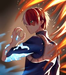 Rule 34 | 1boy, absurdres, blue eyes, blue jacket, boku no hero academia, burn scar, closed mouth, fire, from behind, hand up, highres, ice, jacket, looking to the side, male focus, multicolored hair, red hair, scar, serious, short hair, simple background, solo, standing, todoroki shouto, two-tone hair, upper body, white hair, yaya chan