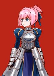 Rule 34 | 1girl, armor, armored dress, artoria pendragon (all), artoria pendragon (fate), blue dress, blue eyes, cosplay, dress, expressionless, fate/stay night, fate (series), gauntlets, hair ribbon, juliet sleeves, kantai collection, kutouten, long sleeves, looking to the side, pink hair, puffy sleeves, red background, ribbon, saber (fate), saber (fate) (cosplay), shiranui (kancolle), short ponytail, solo