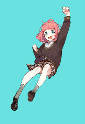Rule 34 | 1girl, arm up, black footwear, blue background, blue eyes, blush, brown skirt, brown sweater, clenched hands, collared shirt, dress shirt, full body, grey socks, loafers, long sleeves, original, pink hair, plaid, plaid skirt, pleated skirt, round teeth, school uniform, shirt, shoe soles, shoes, simple background, skirt, sleeves past wrists, smile, socks, solo, sweater, teeth, upper teeth only, white shirt, yuu (higashi no penguin)