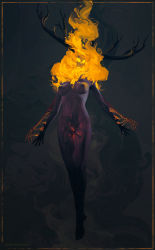 Rule 34 | 1girl, anato finnstark, antlers, barefoot, breasts, burning, commentary, completely nude, english commentary, floating, highres, horns, medium breasts, nipples, nude, original, see-through body, signature, skeleton, skull, solo