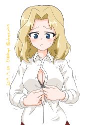 Rule 34 | 1girl, absurdres, artist name, black bra, blonde hair, blue eyes, blush, bra, breasts, bursting breasts, buttoning, cleavage, closed mouth, commentary, commentary request, dated, dress shirt, drops mint, frown, girls und panzer, hair intakes, highres, holding, kay (girls und panzer), large breasts, long hair, long sleeves, looking at viewer, medium breasts, one-hour drawing challenge, partially unbuttoned, shirt, simple background, solo, standing, sweatdrop, trembling, twitter username, underwear, upper body, white background, white shirt, wing collar