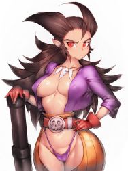 Rule 34 | 1girl, belt, black hair, breasts, commentary request, dragon quest, dragon quest builders 2, fumio (rsqkr), gender request, genderswap, gloves, highres, jewelry, large breasts, long hair, looking at viewer, navel, necklace, red eyes, red gloves, sidoh (dqb2), simple background, skull, solo, very long hair, white background, wide hips