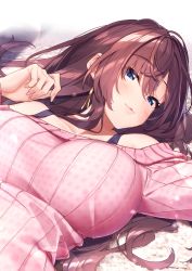 Rule 34 | 1girl, absurdres, ahoge, baffu, bare shoulders, blue eyes, blush, breasts, brown hair, earrings, highres, ichinose shiki, idolmaster, idolmaster cinderella girls, jewelry, large breasts, long hair, long sleeves, looking at viewer, lying, off-shoulder sweater, off shoulder, on back, parted lips, pink sweater, ribbed sweater, smile, solo, sweater, wavy hair