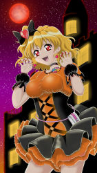Rule 34 | 1girl, absurdres, alternate costume, black choker, black dress, blonde hair, breasts, building, choker, city, clover ornament, commentary request, corset, cure pine, dress, earrings, fangs, fresh precure!, full moon, halloween, halloween costume, heart, heart earrings, highres, jewelry, looking at viewer, magical girl, medium breasts, moon, nail polish, night, night sky, open mouth, orange dress, pouch, precure, red eyes, red moon, short sleeves, sky, solo, star (sky), starry sky, two-tone dress, vampire, white crow (pl66), wrist cuffs, yamabuki inori