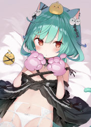 Rule 34 | 1girl, absurdres, animal ears, animal hands, bird, blush, cat ears, cat girl, cat paws, chick, garter straps, green hair, hair ornament, highres, hololive, hololive fantasy, looking at viewer, panties, red eyes, shin no tenpii, skull collar, skull hair ornament, solo, thighhighs, underwear, uruha rushia, uruha rushia (3rd costume), virtual youtuber