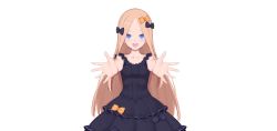 Rule 34 | 1girl, abigail williams (fate), absurdres, bare shoulders, black bow, black dress, blonde hair, blue eyes, blush, bow, breasts, dress, fate/grand order, fate (series), forehead, hair bow, highres, jilu, long hair, looking at viewer, multiple bows, open mouth, orange bow, parted bangs, polka dot, polka dot bow, small breasts, smile