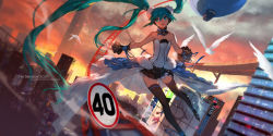 Rule 34 | 1girl, 7th dragon (series), 7th dragon 2020, :d, absurdres, aqua eyes, aqua hair, bare shoulders, black legwear, city, cloud, cloudy sky, detached sleeves, evening, floating hair, flying, full body, hair between eyes, hatsune miku, highres, long hair, open mouth, signature, sky, smile, solo, swd3e2, twintails, vocaloid