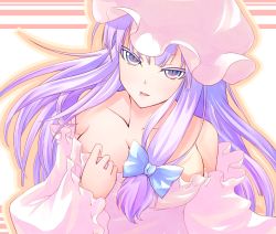 Rule 34 | 1girl, bare shoulders, breasts, cleavage, female focus, hat, large breasts, long hair, otogi kyouka, patchouli knowledge, purple eyes, purple hair, ribbon, slit pupils, solo, touhou
