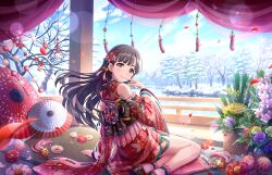 Rule 34 | 1girl, annindoufu (oicon), architecture, arm support, bare legs, bare shoulders, black eyes, black hair, blue sky, blunt bangs, blush, braid, brown hair, cloud, day, detached sleeves, diffraction spikes, east asian architecture, floral print, flower, french braid, game cg, geta, hair flower, hair ornament, hand to own mouth, hand up, idolmaster, idolmaster cinderella girls, idolmaster cinderella girls starlight stage, japanese clothes, kimono, kobayakawa sae, leaning to the side, legs, lens flare, long hair, looking at viewer, looking back, obi, official art, oil-paper umbrella, on floor, on ground, parasol, petals, pink socks, plant, potted plant, red kimono, sandals, sash, scenery, sitting, sky, smile, snow, socks, solo, tassel, tatami, thighs, umbrella, veranda, winter, yokozuwari