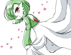 Rule 34 | 1girl, bad id, bad pixiv id, bob cut, colored skin, creatures (company), dutch angle, female focus, from behind, game freak, gardevoir, gen 3 pokemon, green hair, green shirt, hair over one eye, heart, leg up, long sleeves, looking at viewer, looking back, muguet, nintendo, open mouth, petals, pokemon, pokemon (creature), red eyes, shirt, short hair, simple background, sketch, skirt, skirt hold, solo, teeth, white background, white skin, white skirt