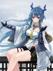 Rule 34 | 1girl, arknights, arm tattoo, arm wrap, black shorts, black skin, blue eyes, blue hair, braid, breasts, coin, collar, colored skin, cup, detached collar, earrings, feet out of frame, floating hair, gourd, grey background, highres, holding, holding cup, holed coin, jacket, jewelry, ling (arknights), long hair, medium breasts, multicolored hair, necktie, open clothes, open jacket, pointy ears, ponytail, purple eyes, red shirt, shirt, shorts, sidelocks, simple background, sitting, solo, streaked hair, tassel, tassel earrings, tattoo, two-tone eyes, very long hair, white collar, white jacket, yellow necktie, yuro ( yu you)