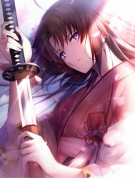 Rule 34 | 1girl, absurdres, bad id, bad pixiv id, brown hair, commentary request, highres, japanese clothes, kara no kyoukai, katana, kimono, long hair, long sleeves, looking at viewer, multicolored eyes, okakasushi, parted lips, patterned clothing, petals, ryougi shiki, smile, solo, sword, upper body, weapon, yukata