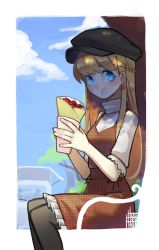 Rule 34 | 1girl, bench, black pantyhose, blonde hair, blue eyes, blue sky, blush, braid, closed mouth, cloud, commentary request, crepe, day, earrings, eating, food, french braid, hat, highres, holding, jewelry, looking at viewer, outdoors, pantyhose, short sleeves, signature, sitting, sky, solo, tostantan, tree, unmoving pattern
