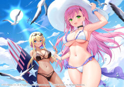 Rule 34 | 2girls, azur lane, bare shoulders, bikini, bird, blonde hair, blue eyes, blue sky, breasts, cleavage, cloud, cloudy sky, eyewear on head, food, green eyes, hat, highres, holding, holding clothes, holding food, holding hat, holding ice cream, ice cream, large breasts, long hair, looking at viewer, marblehead (azur lane), memphis (azur lane), multicolored hair, multiple girls, navel, official art, open mouth, outdoors, pink hair, short hair with long locks, silveroid, sky, smile, sunglasses, sunlight, swimsuit, tan, two-tone hair, water drop, white headwear