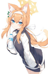 Rule 34 | 1girl, animal ear fluff, animal ears, black jacket, black shorts, blue archive, blue eyes, blush, bottle, brown hair, closed mouth, commentary request, flower, hair between eyes, hair flower, hair ornament, hair ribbon, halo, hand up, headband, highres, holding, holding bottle, jacket, long sleeves, looking at viewer, low ponytail, mari (blue archive), mari (track) (blue archive), nibiiro shizuka, ponytail, puffy long sleeves, puffy sleeves, ribbon, short shorts, shorts, simple background, sleeves past wrists, smile, solo, standing, sweat, track jacket, water bottle, white background, white flower, white headband, white ribbon