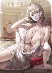 Rule 34 | 1girl, absurdres, bare shoulders, blonde hair, bracelet, breasts, cleavage, collarbone, couch, covered mouth, dress, ear piercing, feather boa, fuyuyama asako, gyaru, hair ornament, hairclip, hand up, highres, indoors, jewelry, kogal, kuse (0201), large breasts, long hair, looking at viewer, mask, mouth mask, navel, original, piercing, plunging neckline, red bag, silver dress, sitting, solo, stomach, thighs