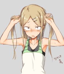 Rule 34 | 10s, 1girl, armpits, blush, brown hair, bunching hair, collarbone, dagashi kashi, endou saya, fang, grey background, highres, long hair, looking at viewer, open mouth, simple background, solo, spirytus tarou, sweat, tank top, twintails, twintails day, upper body