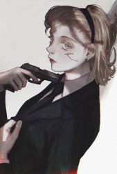 Rule 34 | 1girl, against wall, aiming, black jacket, black necktie, blonde hair, blood, blue eyes, breasts, clothes grab, collared shirt, colored eyelashes, cuts, earrings, eyelashes, finger on trigger, formal, from side, gun, hair slicked back, hairband, handgun, highres, holding, holding gun, holding weapon, hunter x hunter, injury, jacket, jewelry, long sleeves, looking at viewer, machihazure, necktie, red lips, shirt, short hair, sideways glance, solo, stud earrings, suit, theta (hunter x hunter), upper body, weapon, white background, white shirt