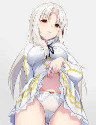 Rule 34 | 1girl, absurdres, bow, bow panties, breasts, character request, clothes lift, commentary request, dress, dress lift, fate/strange fake, fate (series), fillia (fate), grey background, highres, large breasts, lifting own clothes, long hair, long sleeves, looking at viewer, navel, panties, parted bangs, parted lips, ponta (velmar), red eyes, silver hair, simple background, solo, underwear, very long hair, white panties, wide sleeves