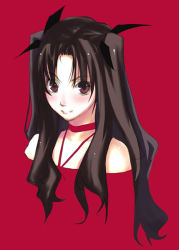 Rule 34 | 00s, 1girl, black hair, choker, fate/stay night, fate (series), hair ribbon, iqu, looking at viewer, red background, red eyes, ribbon, simple background, solo, tohsaka rin, twintails, two side up, upper body