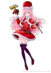 Rule 34 | 1girl, :d, belt, candy, candy cane, christmas, food, gift, highres, holding, holding gift, leg up, long hair, louise francoise le blanc de la valliere, mary janes, noise reduction, open mouth, page number, pink hair, purple thighhighs, red footwear, red ribbon, ribbon, santa costume, scan, shoes, simple background, smile, solo, thighhighs, usatsuka eiji, white background, zero no tsukaima, zettai ryouiki
