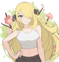 Rule 34 | 1girl, bare arms, black pants, blonde hair, breasts, closed mouth, creatures (company), cynthia (pokemon), game freak, grey eyes, hair ornament, hair over one eye, hand on own hip, highres, long hair, looking at viewer, midriff, navel, nintendo, pants, pokemon, pokemon dppt, smile, solo, spyg, tank top, upper body, very long hair