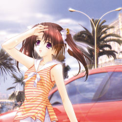 Rule 34 | 1girl, car, cloud, day, hair ornament, kimizuka aoi, lamppost, lens flare, motor vehicle, palm tree, photo background, sky, solo, sunlight, tree, twintails, vehicle