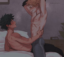 Rule 34 | 2boys, armpits, arms up, bakugou katsuki, bed, black pants, blonde hair, blush, boku no hero academia, boy on top, clock, commentary request, earrings, freckles, from side, green hair, grey pants, highres, indoors, jewelry, lying, male focus, midoriya izuku, multiple boys, muscular, muscular male, nipples, on back, on bed, on lap, open mouth, pants, pectorals, pillow, plant, scar, scar on arm, short hair, single earring, sitting, sweat, topless male, undressing, wengwengchim, yaoi