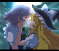 Rule 34 | 2girls, :o, anime coloring, artist name, backlighting, bad id, bad pixiv id, blonde hair, blue vest, braid, cloud, couple, eye contact, face-to-face, female focus, full moon, glowing, glowing eyes, grey hair, hands on another&#039;s face, hat, hat ribbon, highres, imminent kiss, izayoi sakuya, jackybunny, kirisame marisa, letterboxed, long hair, looking at another, moon, multiple girls, night, night sky, no headwear, open mouth, outdoors, puffy short sleeves, puffy sleeves, red eyes, ribbon, short hair, short sleeves, single braid, sky, touhou, upper body, vest, witch hat, yuri