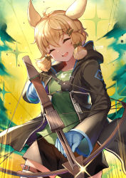 Rule 34 | 1girl, :d, ahoge, animal ears, arknights, black jacket, black shorts, blue gloves, blush, bow, bow (weapon), buckle, clothes writing, cowboy shot, crossbow, closed eyes, facing viewer, glint, gloves, green bow, green shirt, hair bow, hair ornament, hairclip, highres, holding, holding weapon, jacket, kroos (arknights), niwatori (satoru0201), open clothes, open jacket, open mouth, rabbit ears, shirt, short shorts, shorts, sidelocks, smile, solo, sparkle, thigh strap, weapon
