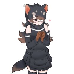 Rule 34 | 1girl, apron, australian devil (kemono friends), bare shoulders, black apron, black bow, black bowtie, black hair, black shirt, black skirt, black thighhighs, blush, bow, bowtie, brown eyes, brown gloves, brown hair, cowboy shot, detached sleeves, embarrassed, extra ears, eyepatch, flying sweatdrops, frilled apron, frills, gloves, highres, kemono friends, long hair, looking to the side, medical eyepatch, multicolored hair, pleated skirt, shirt, sidelocks, skirt, solo, suiuusuiu, tasmanian devil ears, tasmanian devil tail, thighhighs, white hair, zettai ryouiki