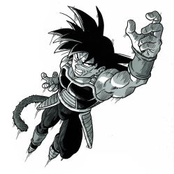 Rule 34 | 1boy, armor, bardock, black eyes, black hair, boots, clenched teeth, commentary, dragon ball, dutch angle, english commentary, fighting stance, fingernails, from above, frown, full body, greyscale, highres, jumping, male focus, monochrome, official art, outstretched hand, scar, serious, shaded face, short hair, simple background, solo, spiked hair, tail, teeth, toriyama akira, white background, wristband