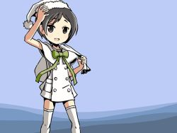 Rule 34 | 10s, 1girl, alternate costume, black hair, bow, bowtie, brown eyes, carrying over shoulder, dress, green ribbon, hand on own head, hat, kantai collection, maru-yu (kancolle), open mouth, ribbon, sack, santa hat, short hair, sixten, smile, solo, thighhighs, white dress, white thighhighs, zettai ryouiki