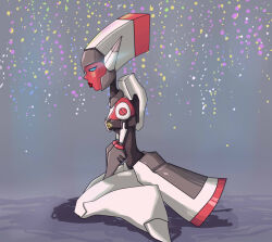 Rule 34 | 1girl, black background, blue eyes, boots, breasts, grey background, mecha, nurse, pointy ears, red alert (transformers), red lips, robot, seiza, sitting, small breasts, solo, transformers, transformers animated, white footwear, wraitany